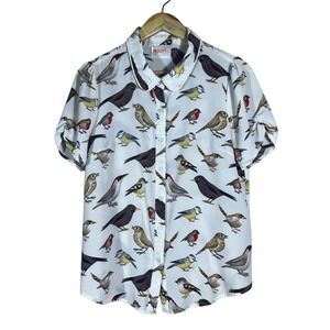Moon Bird Print Peter Pan Collar Button Up Blouse White Whimsy Cottagecore Sz M
